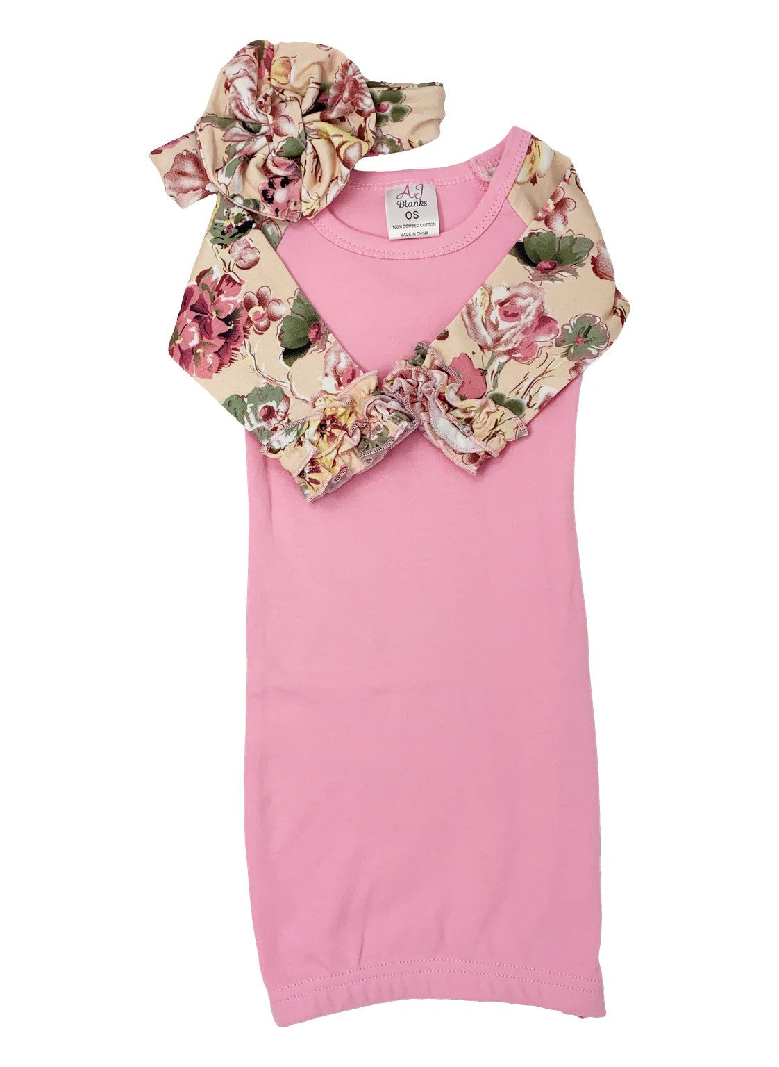 Pink Floral Baby Girls' Gown w/ Matching Headband